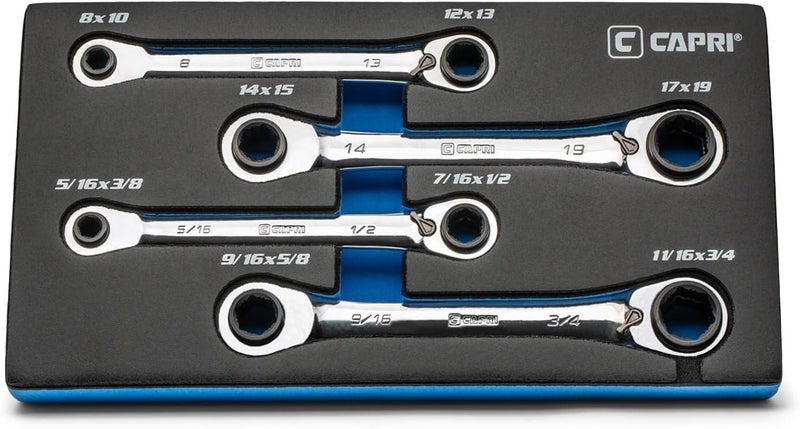 Capri Tools 4-in-1 120-Tooth Box End Reversible Ratcheting Wrench Set, Metric and SAE, 4-Piece with 16 Sizes - Image 1